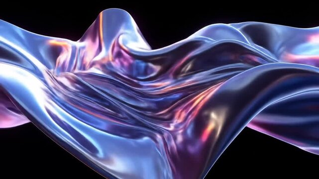 Abstract iridescent flowing fabric animation on a black background 3D rendering