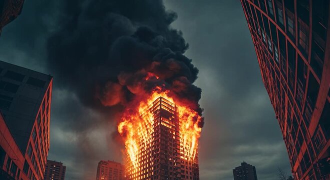 A modern city building is engulfed in a fierce fire, with bright orange flames and heavy black smoke filling the dark sky.