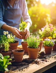 Woman planting flowers in garden