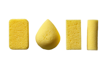 Four assorted yellow sponges in different shapes
