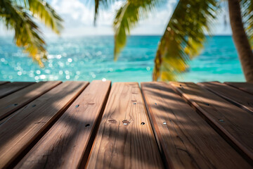 Tropical beach wooden deck with turquoise ocean and palm trees creating a relaxing vacation scene for travel and summer holidays