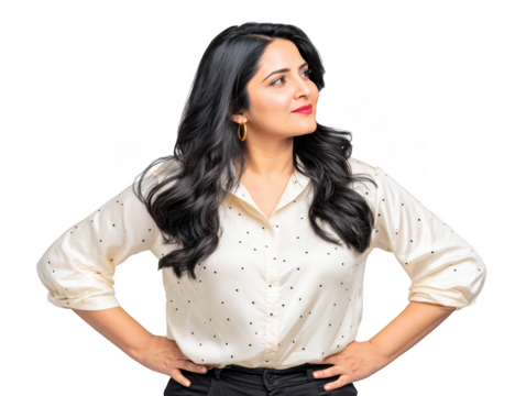 Confident woman with long black hair wearing white polka dot blouse and gold hoop earrings stands with hands on hips, looking to side with thoughtful expression