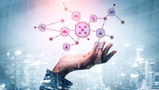 A hand reaches out to connect with various digital icons representing technology and networking concepts, set against a vibrant urban background showcasing future innovation. Tessel