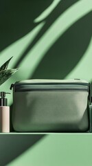 A realistic mockup of a branded travel toiletry bag on a green background