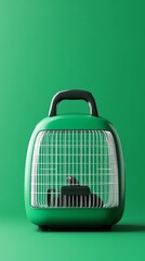A mockup of a branded pet carrier handle on a green background