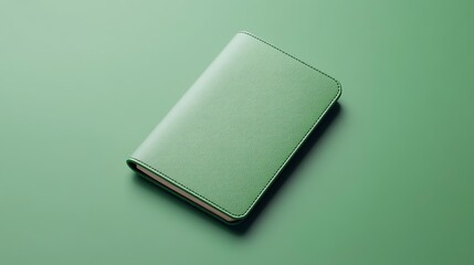 A mockup of a passport holder with a branded logo on a green background