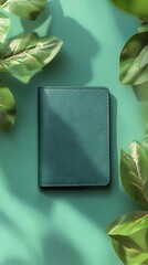 A realistic travel document sleeve mockup with a branded design on a green background