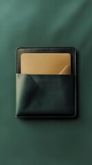 A realistic travel document sleeve mockup with a branded design on a green background