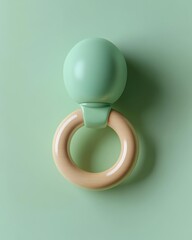 A mockup of a branded baby rattle on a green background