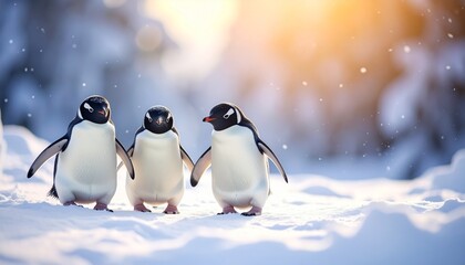 Three penguins stand on pristine snow under a golden sunrise, surrounded by frosted trees—evoking warmth, wildlife interaction, and serene winter beauty.