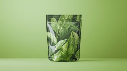 A mockup of a branded travel snack pouch on a green background