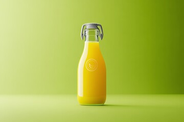 A realistic juice bottle opener mockup with a branded logo on a green background