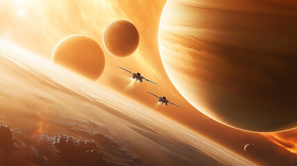 Spaceships Flying Over an Alien Planet with Giant Moons and a Fiery Sky