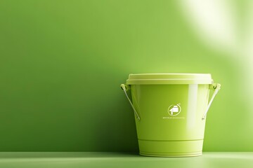 A realistic cleaning bucket mockup with a branded logo on a green background