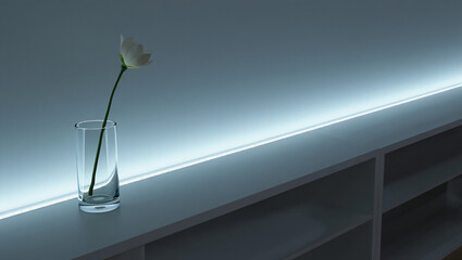 A single white flower in a glass vase on a shelf with ambient led lighting
