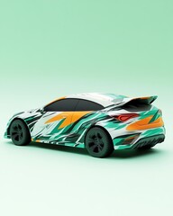 A realistic model car paint mockup with a branded design on a green background
