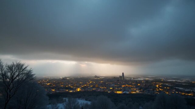 Snow stormy clouds over city panorama