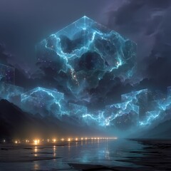 Futuristic night sky with geometric cloud patterns and distant light