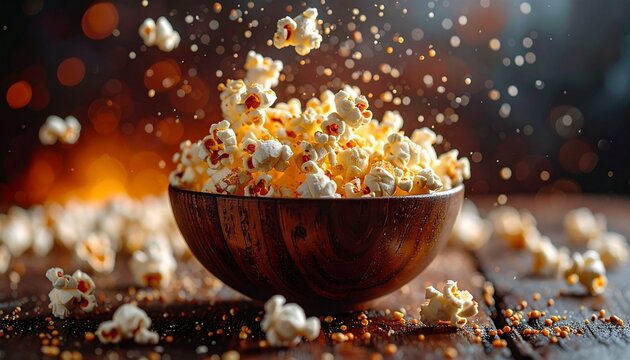 Seasoned popcorn bursts mid-air above a wooden bowl, surrounded by scattered kernels and glowing bokeh—evoking warmth, motion, and cozy indulgence.
