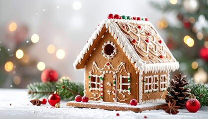 A decorated gingerbread house with icing snow, candy wreath, and holiday accents—set beside pinecones and ornaments under a glowing Christmas tree.
