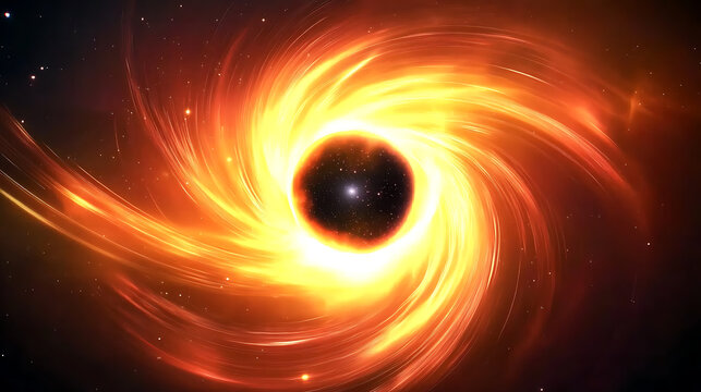 Vibrant depiction of a black hole with swirling accretion disk in deep space