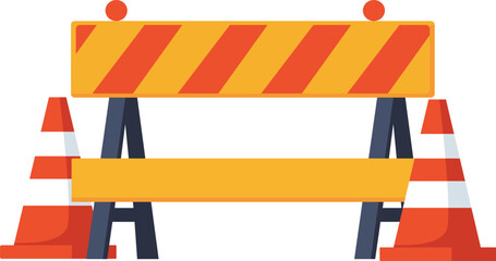 Illustration of a yellow and orange striped road construction barrier with two orange traffic cones on either side.