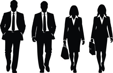 Business professionals walking with confidence, businesswoman and businessman silhouette, flat vector illustration, office attire, teamwork, leadership, corporate success, modern workplace