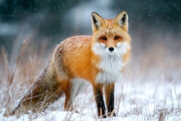 Obraz premium A red fox vulpes in the snow is a furry winter wildlife mammal
