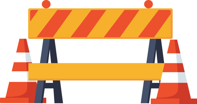 Illustration of a yellow and orange striped road construction barrier with two orange traffic cones on either side.