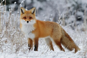 Fototapeta premium A striking portrait of a wild red fox, Vulpes vulpes, with its rich winter fur camouflaged against the pristine white snow