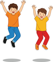 Two cartoon boys jumping with joy, energetic pose, playful childhood moment, smiling kids illustration, vector art, happiness, fun, movement concept