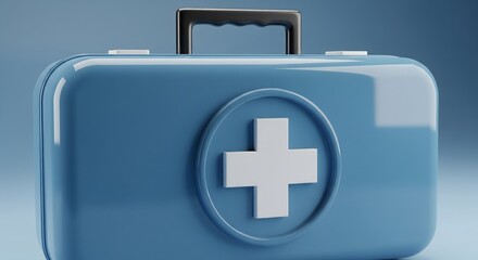 Obraz premium A 3D render of a blue first aid kit box with a white cross symbol. Concept of healthcare, medical emergency, and safety.