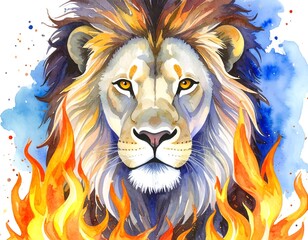 Watercolor lion portrait with flames