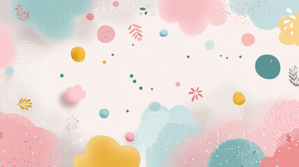Dise&ntilde;o abstracto en tonos pastel con formas org&aacute;nicas, nubes rosadas, azules y amarillas, puntos dispersos y l&iacute;neas suaves, proyectos creativos, arte digital y est&eacute;tica visual ligera y alegre. 
