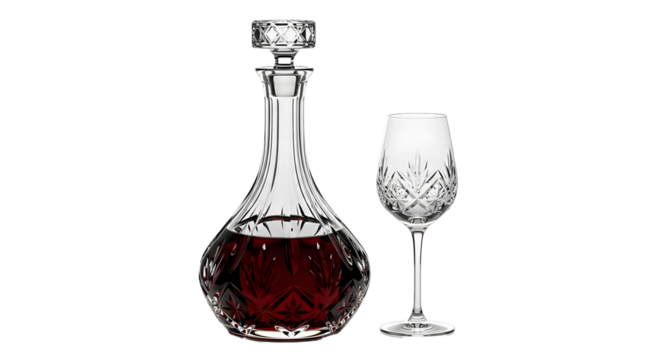 Crystal decanter filled with red wine and a crystal wine glass isolated on transparent background