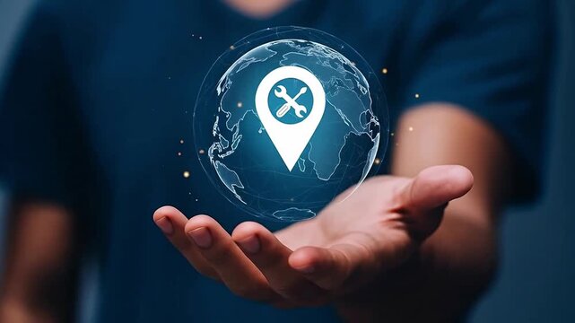 Global Service Network Concept: Hand Holding Digital Earth with Repair Tool Location Pin Icon for Worldwide Technical Support