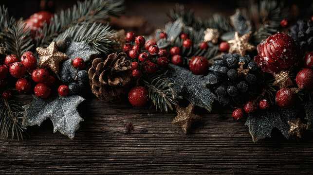 Holiday border with pine garland red berries candy canes and golden stars on dark wooden background