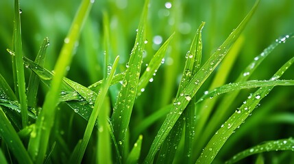 Lush green grass with water droplets in soft natural light drops photo