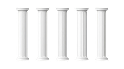 Obraz premium Five white classical columns with fluted shafts and simple capitals stand upright, evoking sense of elegance and ancient architecture, suitable for historical or educational themes