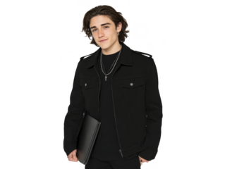 Young man black jacket necklace confident casual standing holding folder dark hair transparency background stylish