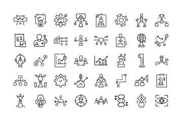 Business Strategy and Management Line Icons Vector Set and Corporate Planning, Growth, Leadership, Finance, Innovation, Teamwork, Marketing, Success, Analytics, Organization, Development.