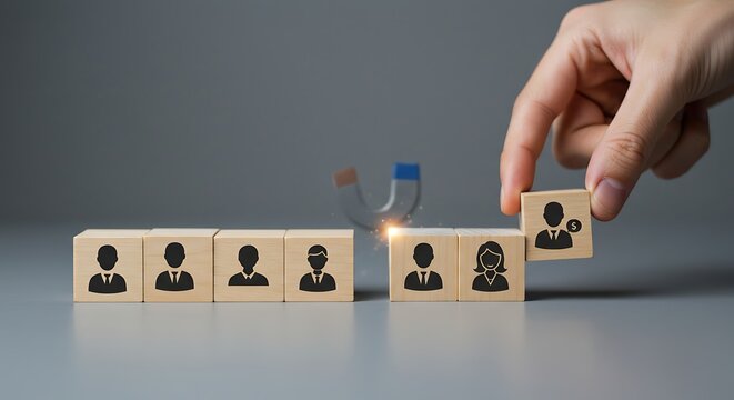 HR concept - Hand picking a wooden block with a person icon.