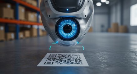 Robotic scanner analyzing barcode in warehouse