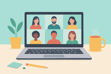 people connecting together, learning or meeting online with teleconference, video conference remote working on laptop computer, work from home and anywhere, new normal concept, vector illustration