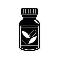 Black and white bottle of natural medicine with leaf and capsule icons