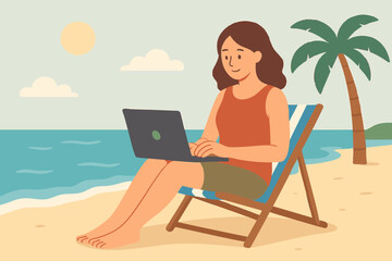 woman on the beach, woman on the beach with laptop, woman sitting on beach side and working on laptop