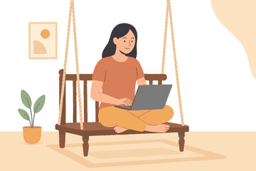 young woman working on laptop, young woman working on computer, woman working on laptop, young woman sitting on a traditional wooden swing (jhula) indoors, comfortably working on a laptop