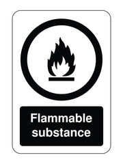Flammable Substance Circular Safety Label – Black Flame Icon with Text for Chemical Risk, Packaging & Industrial Zones  High-Visibility Vector for Global Use