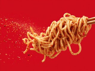 Close-up of seasoned cooked noodles lifted by chopsticks with spice particles on red background