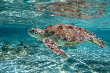 Fototapeta premium A vibrant green sea turtle glides through the clear blue tropical water, swimming gracefully over a colorful coral reef